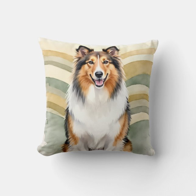 Ruw Collie Watercolor Lint Golf Bewegingskunst Kussen (Voorkant)