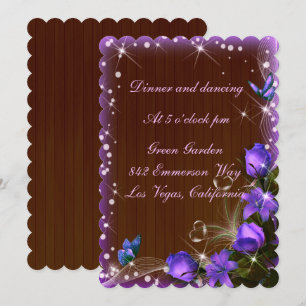 Ruw donker hout paarse bloem bruiloftsreceptie kaart