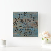 Ruw gepersonaliseerd blauw verweerd hout op maat vierkante klok (Huis)