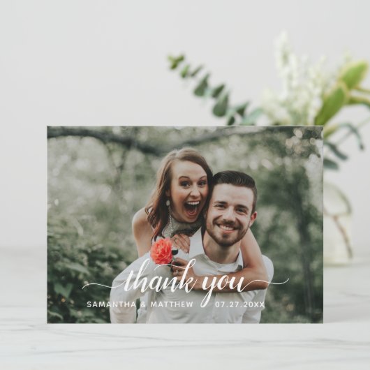 Ruw Handgeschreven Script Foto Bruiloft Bedankkaart (Staand voorkant)