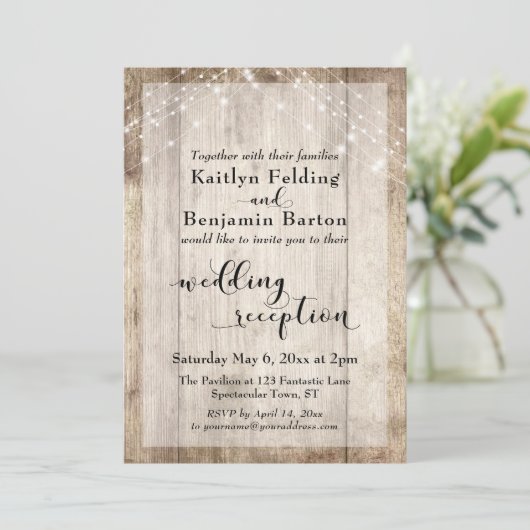 Ruw hout en lichte linten bruiloftsreceptie kaart (Staand voorkant)