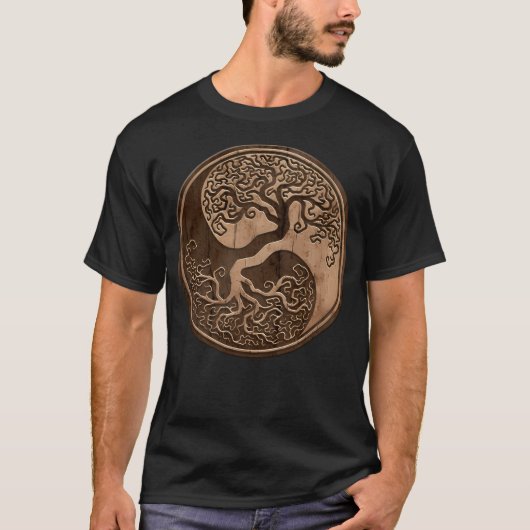 Ruw hout graan effect boom van het leven Yin Yang T-shirt (Voorkant)