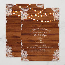 Ruw hout kant & snoer verlichting bruidsfeestje kaart