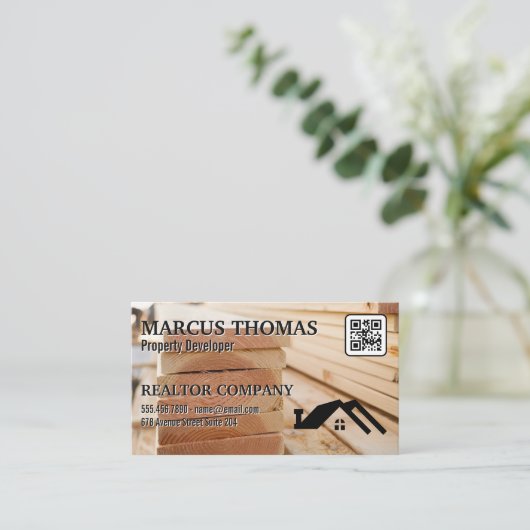Ruw hout materiaal | Huislogo | QR-code Afsprakenkaartje (Staand voorkant)