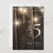 Ruw hout & snoer verlichte huwelijks tafel nummer bedankkaart (Achterkant)