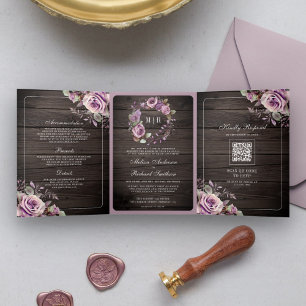Ruw hout stoffig paars bloemmotief QR-code trouwen Drieluik Uitnodiging