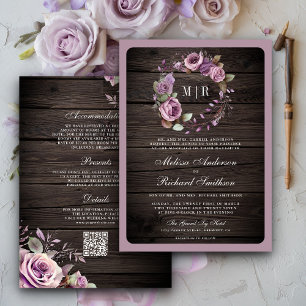 Ruw hout stoffig paars bloemmotief QR-code trouwen Kaart