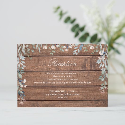 Ruw hout wilde bloemen bloemstuk bruiloftsreceptie informatiekaartje (Staand voorkant)