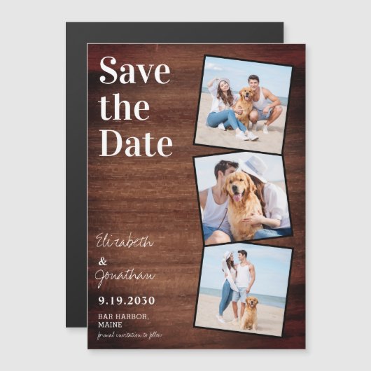 Ruw Houten Fotocollage "Save the Date" Magnetische Uitnodiging (Voorkant / Achterkant)