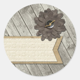 Ruw houten knoop stof bloem & shabby jute zaklinne ronde sticker