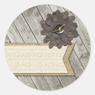 Ruw houten knoop stof bloem & shabby jute zaklinne ronde sticker