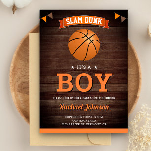 Ruw houten schuur sportieve jongen basketbal baby kaart
