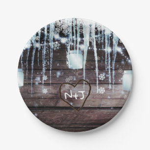 Ruw Houten Vat & Lichtjes Winter Schuur Bruiloft Papieren Bordje