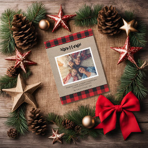 Ruw Jute en Buffalo Plaid Monogram Foto Feestdagenkaart