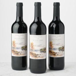 Ruw linnenprint met herfstmeer Huwelijk Wijn Etiket