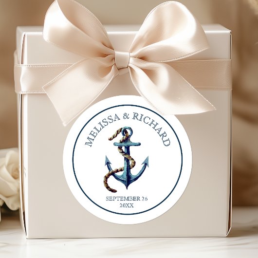 Ruw maritiem blauwe anker bruiloft ronde sticker