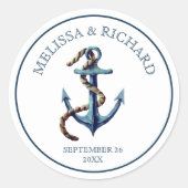 Ruw maritiem blauwe anker bruiloft ronde sticker (Voorkant)
