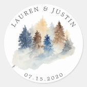 Ruw monogram met bergwaterverf bomen ronde sticker (Voorkant)