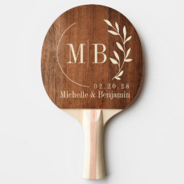 Ruw notenhouten blad bruiloftsmonogram tafeltennisbatje