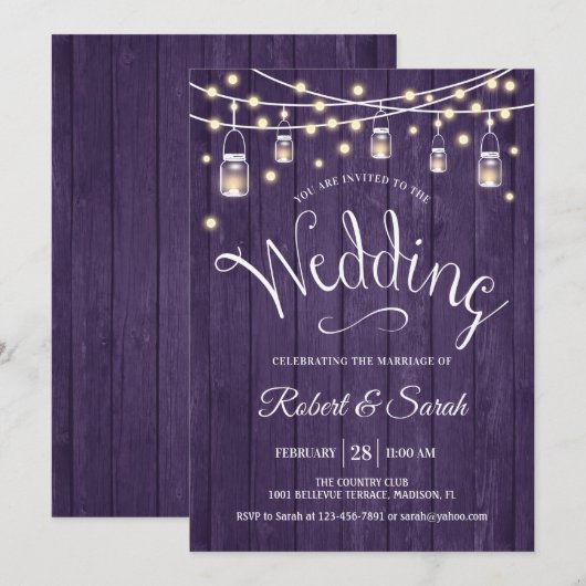 Ruw Paars Hout & Lichten Trouwfeest Kaart (Voorkant / Achterkant)