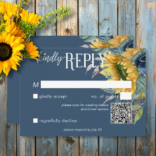 Ruw Stof Blauw Zonnebloemen Trouw QR Code RSVP Kaartje