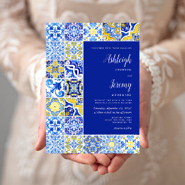 Ruw tegel blauw geel wit bruiloft kaart