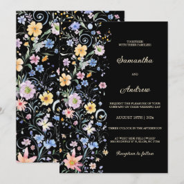 Ruw Trouwfeest met Wilde Bloemen Zwarte Template Kaart