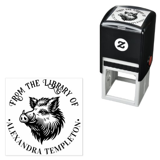 Ruw Wild Zwijn Kop Bibliotheek Boek Naam #1P Zelfinktende Stempel (In situ)