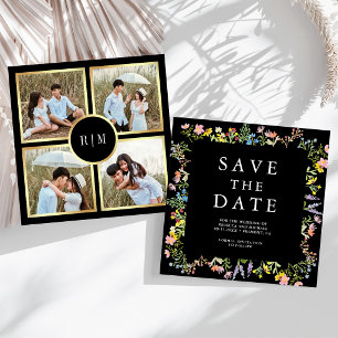 Ruw wilde bloemen foto collage Zwarte Trouwdag Save The Date