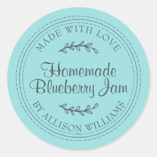 Ruw zelfgemaakte bosbessenjam inmaken turquoise ronde sticker
