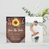 Ruw Zonnebloem Kant Rode Bloemen Foto Bruiloft Save The Date (Staand voorkant)