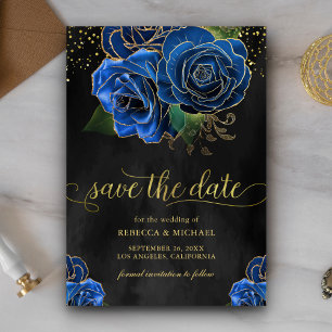 Ruw Zwart Gouden Koninklijk Blauwe Bloemen Bruilof Save The Date