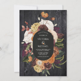 Ruw Zwart Houten Herfst Bloemenkrans Bruiloft Kaart