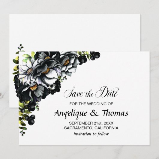 Ruw Zwarte Bloem Bruiloft Save The Date (Voorkant / Achterkant)