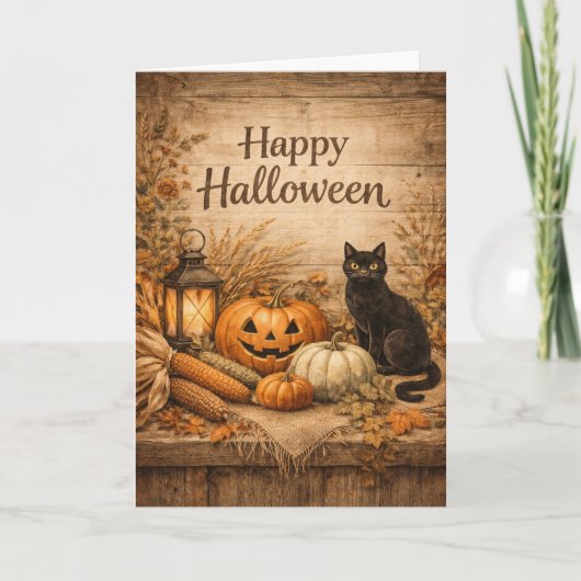 Ruw Zwarte Kat Mais Halloween Kaart (Voorkant)