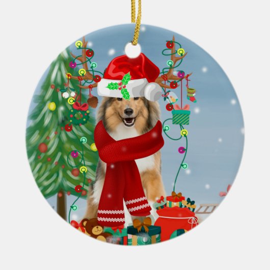 Ruwe Collie Dog in Sneeuwkerstcadeau   Keramisch Ornament (Voorkant)