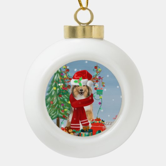 Ruwe Collie Dog in Sneeuwkerstcadeau Keramische Bal Ornament (Voorkant)