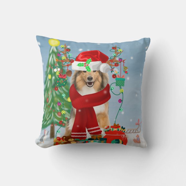Ruwe Collie Dog in Sneeuwkerstcadeau Kussen (Voorkant)