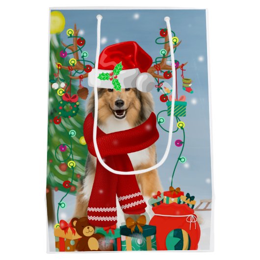 Ruwe Collie Dog in Sneeuwkerstcadeau Medium Cadeauzakje (Achterkant)
