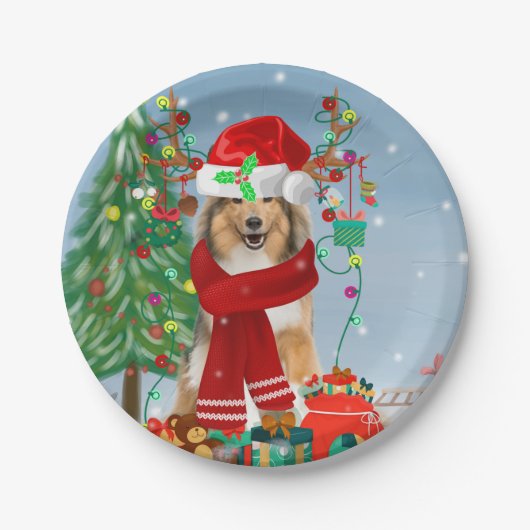 Ruwe Collie Dog in Sneeuwkerstcadeau Papieren Bordje (Voorkant)