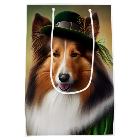 Ruwe Collie Dog in St. Patrick's Day Dress Medium Cadeauzakje (Achterkant)