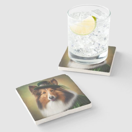 Ruwe Collie Dog in St. Patrick's Day Dress Stenen Onderzetter (Zijkant)