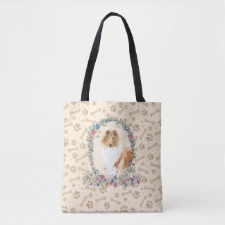 Ruwe Collie Dog Paw Print & Dog Bone Cute Tote Bag