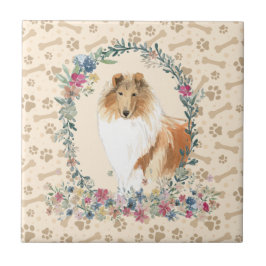 Ruwe Collie Dog Paw Print Floral Cute Beige Tegeltje
