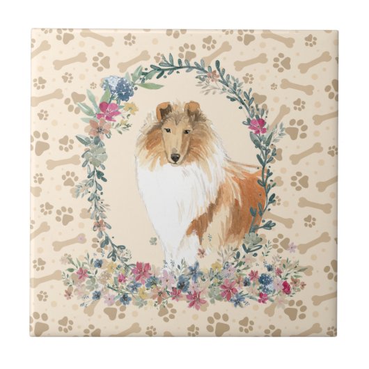 Ruwe Collie Dog Paw Print Floral Cute Beige Tegeltje (Voorkant)