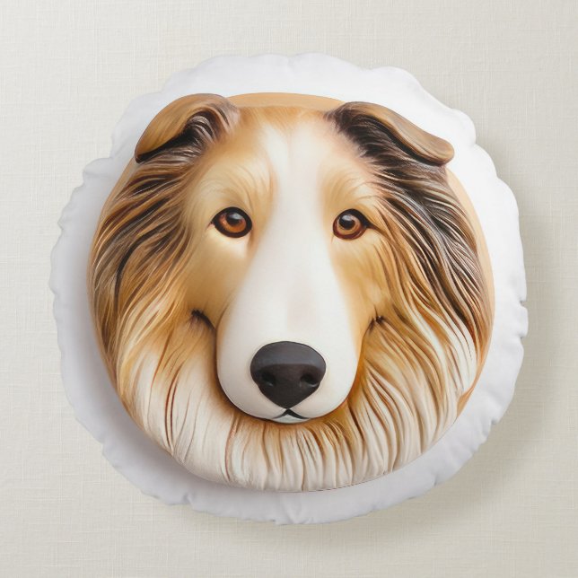 Ruwe Collie Hond 3D Geïnspireerd Rond Kussen (Voorkant)