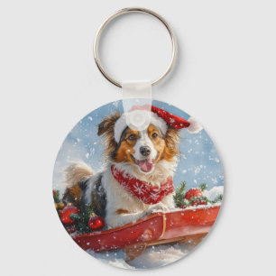 Ruwe Collie-hond in slee Laat het sneeuwen Kerstmi Sleutelhanger
