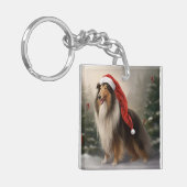 Ruwe Collie-hond in Sneeuw Kerstmis Sleutelhanger (Voorkant Links)