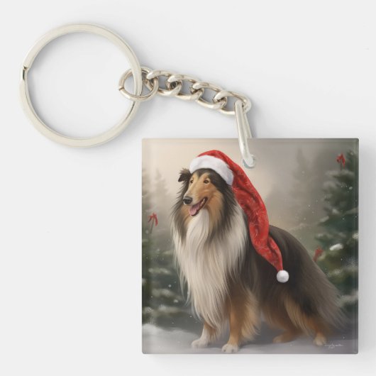 Ruwe Collie-hond in Sneeuw Kerstmis Sleutelhanger (Voorkant)