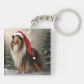 Ruwe Collie-hond in Sneeuw Kerstmis Sleutelhanger (Achterkant)